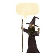 cartoon spooky wizard with speech bubble