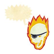 cartoon flaming pirate skull with speech bubble