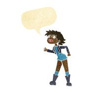 cartoon girl in leather jacket with speech bubble