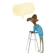 cartoon old man with walking frame speech bubble