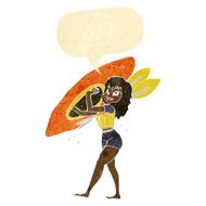 cartoon woman carrying canoe with speech bubble