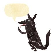 cartoon wolf licking paw with speech bubble