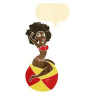 cartoon pin up girl sitting on ball with speech bubble