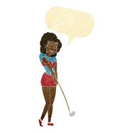 cartoon woman playing golf with speech bubble