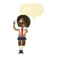 cartoon cool girl giving peace sign with speech bubble