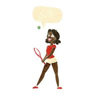 cartoon woman playing tennis with speech bubble