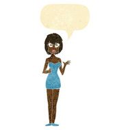 cartoon confused woman in cocktail dress with speech bubble