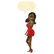 cartoon pretty woman in cocktail dress with speech bubble