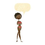cartoon retro woman in bikini with speech bubble
