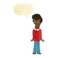 cartoon bored man shrugging shoulders with speech bubble