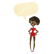 cartoon happy woman with hands on hips speech bubble
