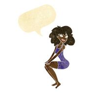 cartoon sitting woman in dress with speech bubble