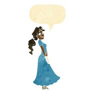 cartoon pretty woman in dress with speech bubble