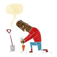 cartoon gardener with speech bubble