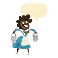 cartoon milkmaid carrying buckets with speech bubble