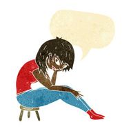 cartoon woman sitting on small stool with speech bubble