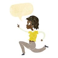 cartoon woman running and pointing with speech bubble