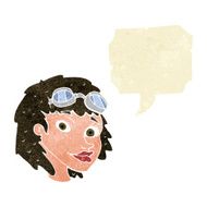 cartoon happy woman wearing aviator goggles with speech bubble