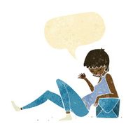 cartoon woman leaning on package box with speech bubble