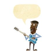 cartoon man playing electric guitar with speech bubble