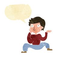 cartoon boy doing crazy dance with speech bubble