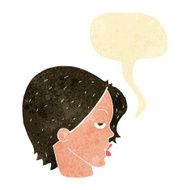 cartoon woman raising eyebrow with speech bubble