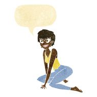 cartoon happy woman sitting on floor with speech bubble