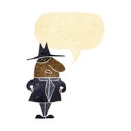 cartoon man in coat and hat with speech bubble