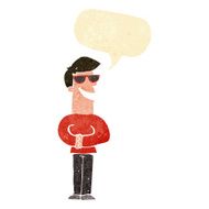 cartoon grinning man wearing sunglasses with speech bubble