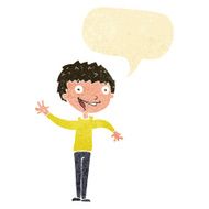cartoon happy boy waving with speech bubble