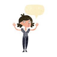cartoon woman surrendering with speech bubble