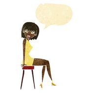 cartoon woman sitting on stool with speech bubble
