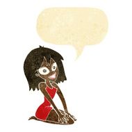 cartoon happy woman in dress with speech bubble