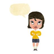 cartoon woman gesturing at self with speech bubble N2