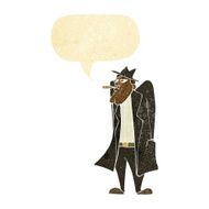 cartoon man in hat and trench coat with speech bubble