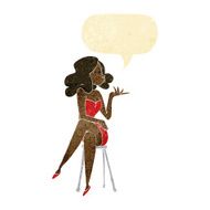 cartoon woman sitting on bar stool with speech bubble