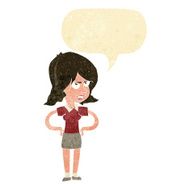 cartoon annoyed woman with hands on hips speech bubble