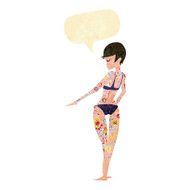 cartoon bikini girl covered in tattoos with speech bubble N2