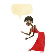 cartoon woman in dress gesturing with speech bubble