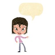 cartoon relaxed woman pointing with speech bubble