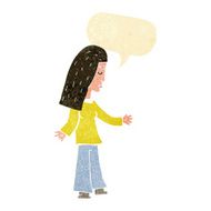 cartoon woman with open arms speech bubble