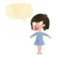cartoon woman wearing dress with speech bubble