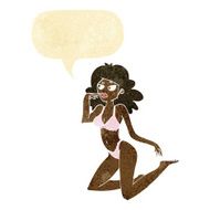 cartoon woman in underwear looking thoughtful with speech bubble