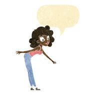 cartoon woman reaching to pick something up with speech bubble