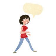 cartoon woman walking with speech bubble N2