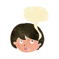 cartoon female face looking upwards with speech bubble