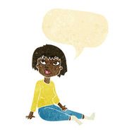 cartoon woman sitting on floor with speech bubble