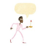 cartoon frightened man walking with candlestick speech bubb