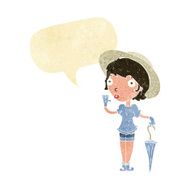 cartoon woman in summer hat waving with speech bubble