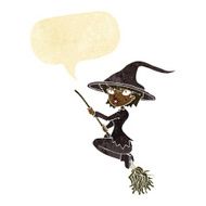 cartoon witch riding broomstick with speech bubble